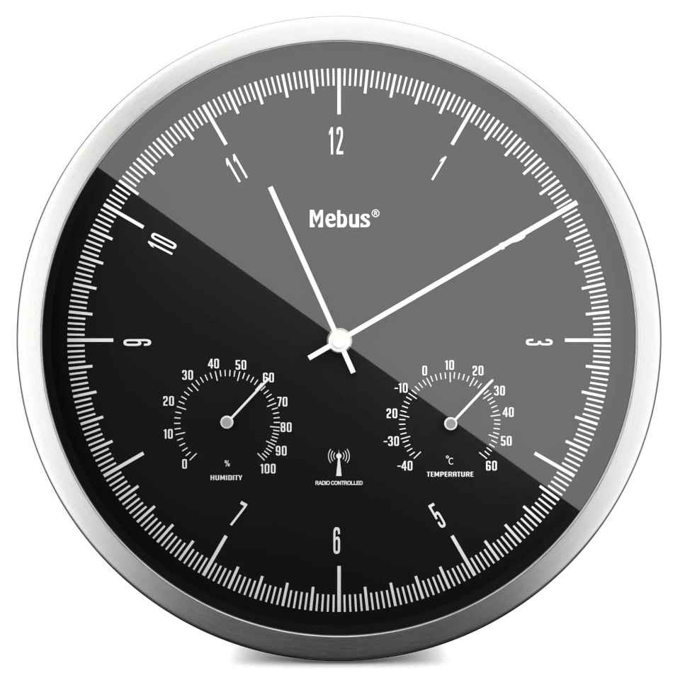 Mebus seinakell 19777 Radio Wall Clock with Thermo-Hygrometer, hõbedane/must