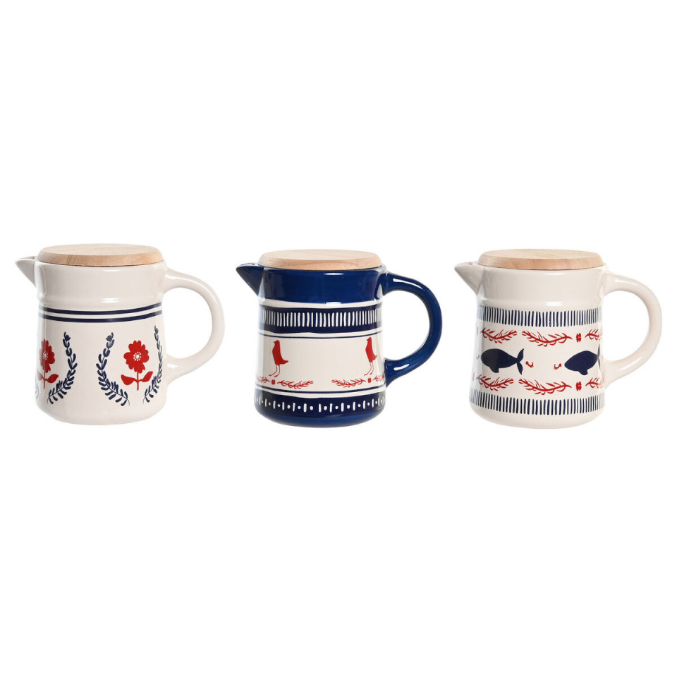 DKD Home Decor Õlipott Liha või Kala Jaoks punane sinine Roostevaba teras valge Keraamika Puit MDF 680ml 3 Ühikut