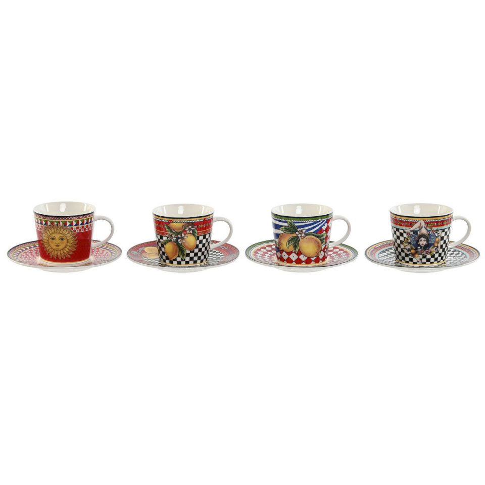 Home ESPRIT Kruuside Komplekt Alustassidega kollane punane Portselan 220ml 15,6x15,6x1,7cm (4tk)