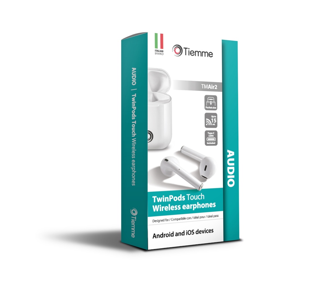 Tiemme TwinPods Touch AIR2W Bluetooth 5.0 peakomplekt, valge