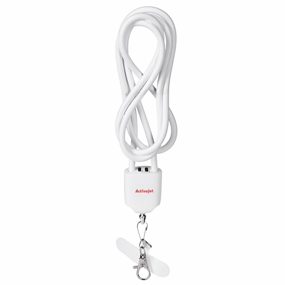 Activejet Activejet lanyard with 3-in-1 charging cable, white. Ends with various connectors: USB-C, Lightning adapter, USB-A