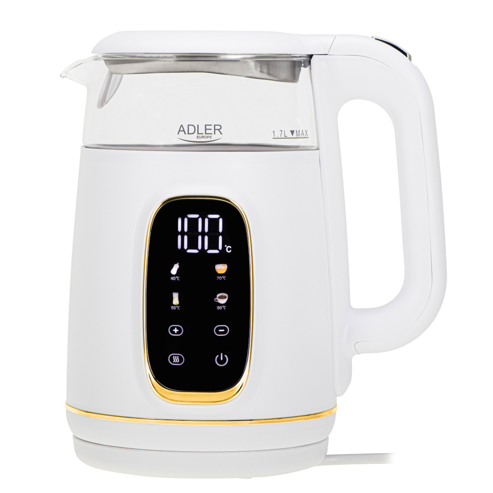 Adler veekeetja  AD 1305 Electric Kettle Glass with LED Display, valge/kuldne