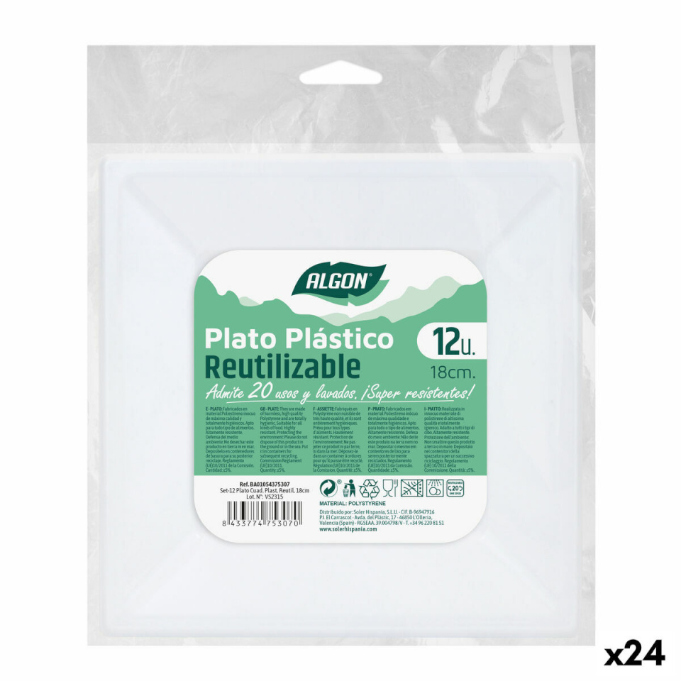 Algon Korduvkasutatavate plaatide komplekt Kandiline Plastmass 18x18x1,5cm (24tk)