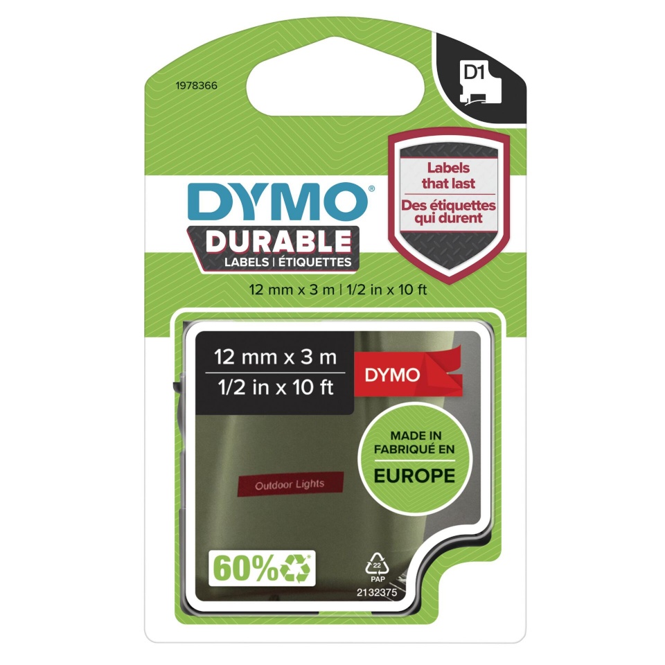 Dymo etiketiprinteri etiketid D1 Durable 12 mm x 3 m valge to punane