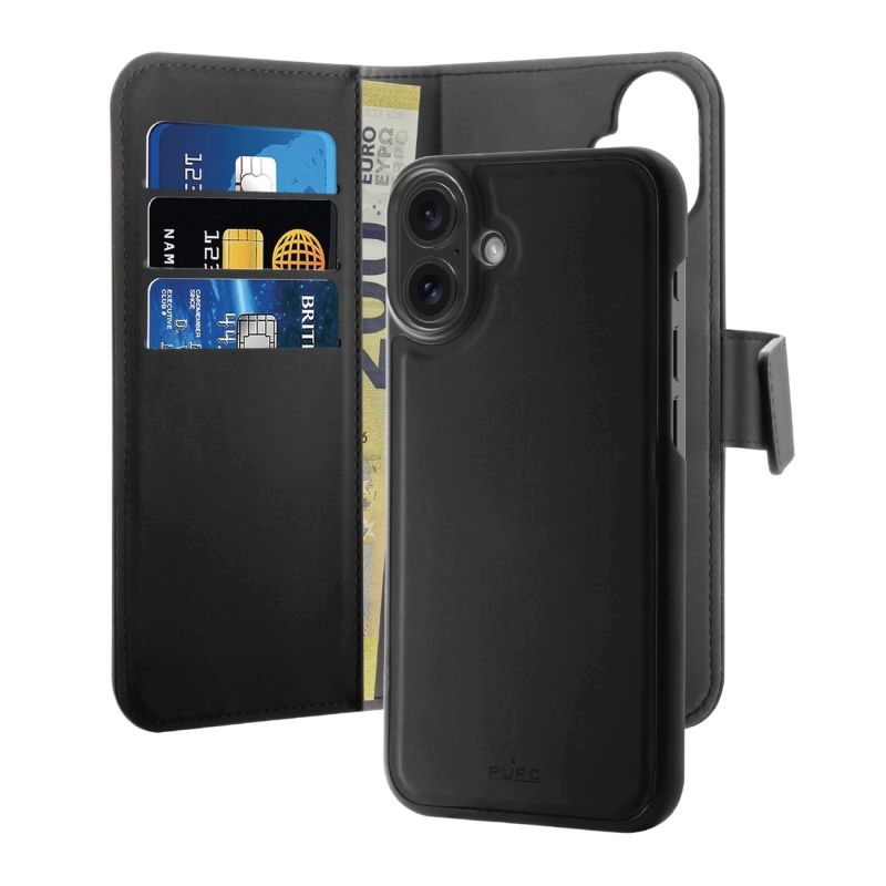 Puro Wallet Detachable MagSafe 2-in-1 PU Leather Case with Flap and Wallet for iPhone 16 Plus - Black