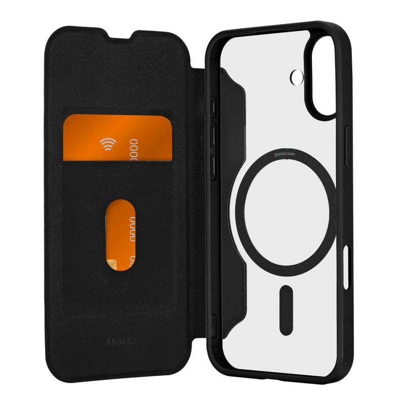 Puro Book Mag MagSafe Leather Case with Flap and Card Slot for iPhone 16 Plus - Black