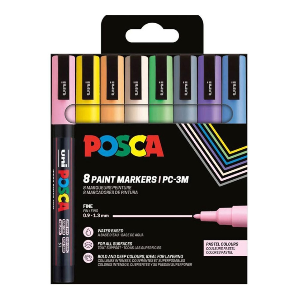 POSCA uni marker PC-3M, 0,9-1,3mm, 8 tk, pastellvärvid