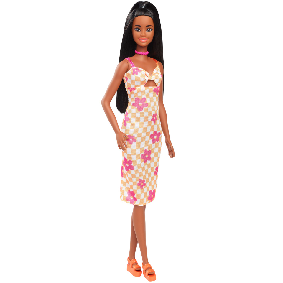 Mattel Barbie Fashionista Puppe im pink-orangenen Karokleid
