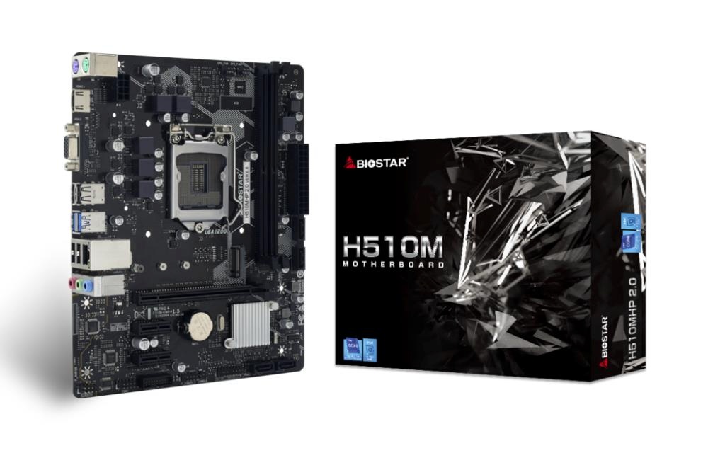Biostar emaplaat biostar intel H510 LGA1200 mATX memory Ddr4 memory Slots 2 2xpci-express 3.0 1x 1xpci-express 4.0 16x 1xm.2 1x15pin D-sub 1xhdmi 2xaudio-in 1xaudio-out 4xusb 2.0 2xusb 3.2 2xps/2 1xrj45 h510mhp2.0