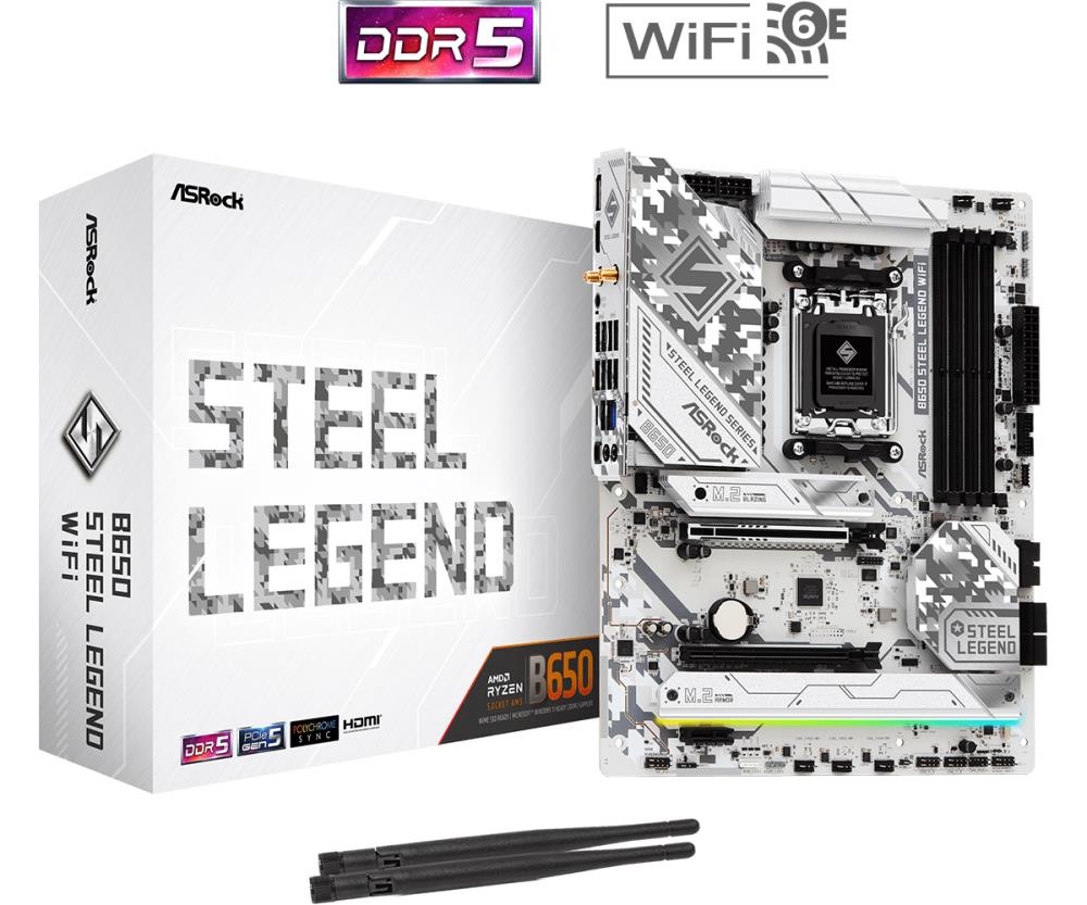 Asrock emaplaat AMD B650 sam5 ATX memory Ddr5 memory Slots 4 1xPSIe 3.0 16x 1xPSIe 4.0 1x 1xPSIe 5.0 16x 1xm.2 1xhdmi 1xdisplayport 8xusb 2.0 3xusb 3.2 2xusb-c 1xrj45 2xaudio Port b650steellegendwifi