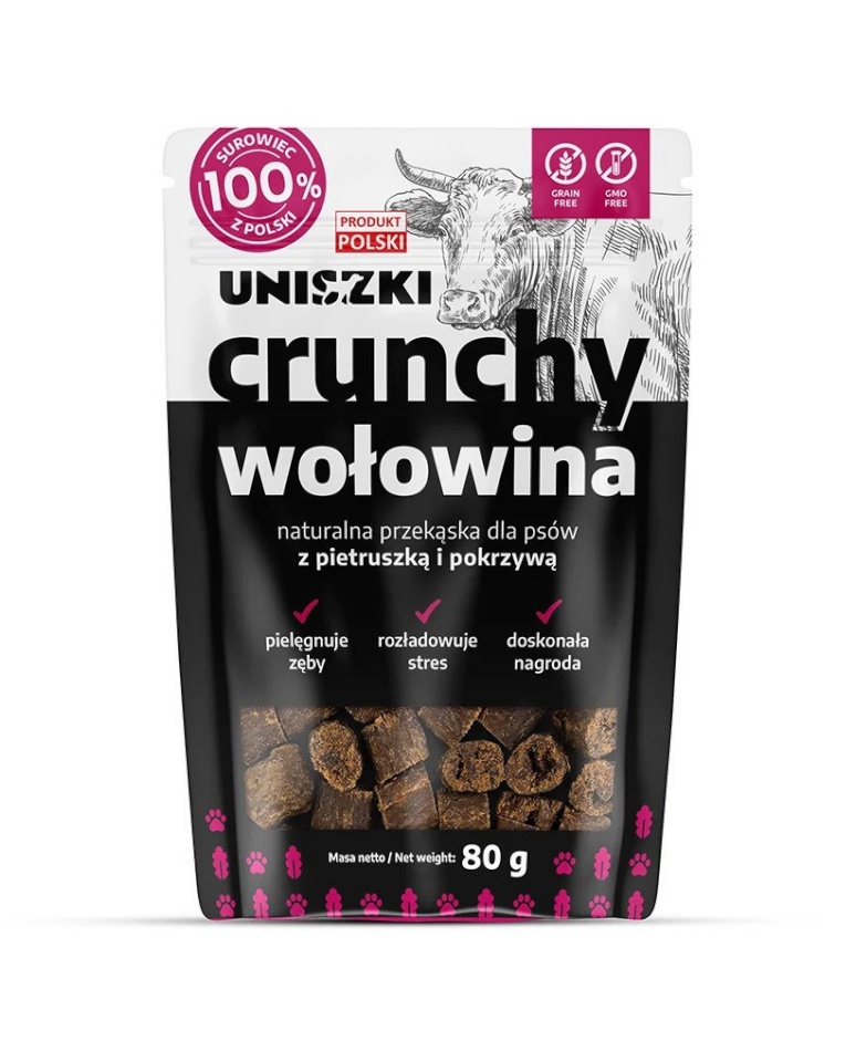 Uniszki maius koerale Crunchy Beef with Parsley and Nettle - Dog Treat - 80g