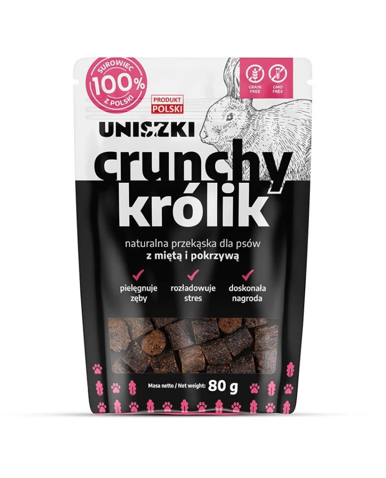 Uniszki maius koerale Crunchy Rabbit with mündiroheline and Nettle - Dog Treat - 80g