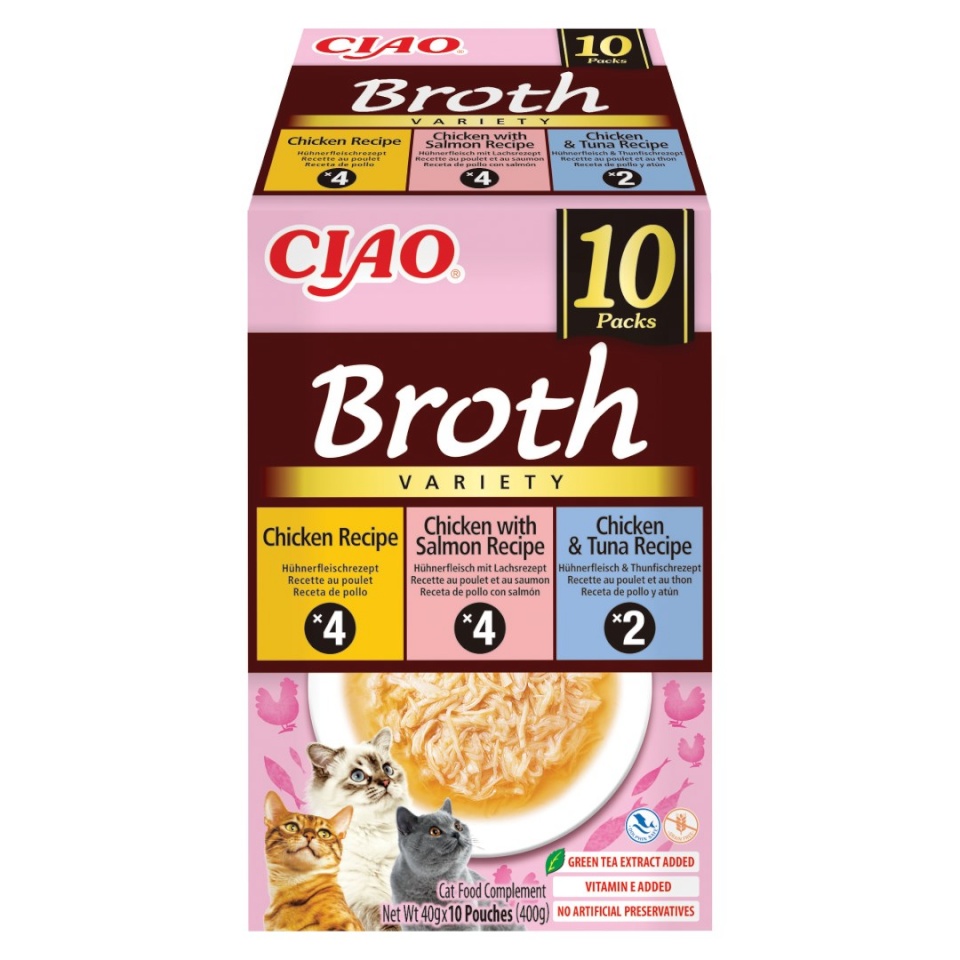 Inaba kassitoit Ciao Broth with Chicken, Salmon and Tuna, 10x40g