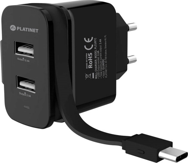 Platinet laadija 2xUSB 3,4A + USB-C kaabel (44654)