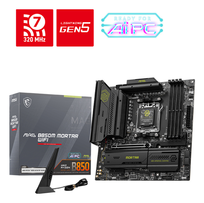 MSI emaplaat AMD B850 sam5 micro-ATX memory Ddr5 memory Slots 4 1xPSIe 4.0 4x	 1xPSIe 4.0 8x 1xPSIe 4.0 16x 1xPSIe 5.0 16x 3xm.2 1xhdmi 3xusb 2.0 4xusb 3.2 2xusb-c 1xoptical S/pdif 1xrj45 2xaudio Port magb850mmortarwifi