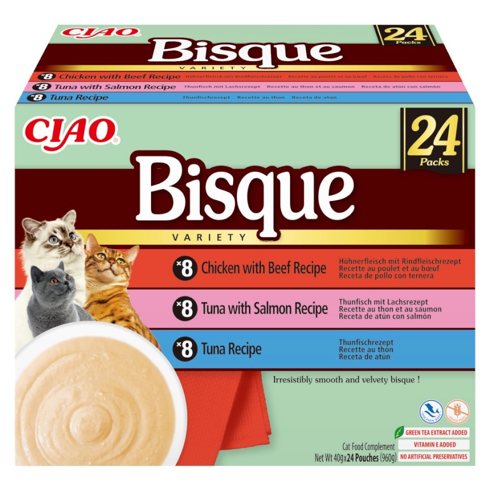 Inaba kassitoit Ciao Bisque Creamy Soup with Tuna, Chicken, Beef and Salmon, 24x40g