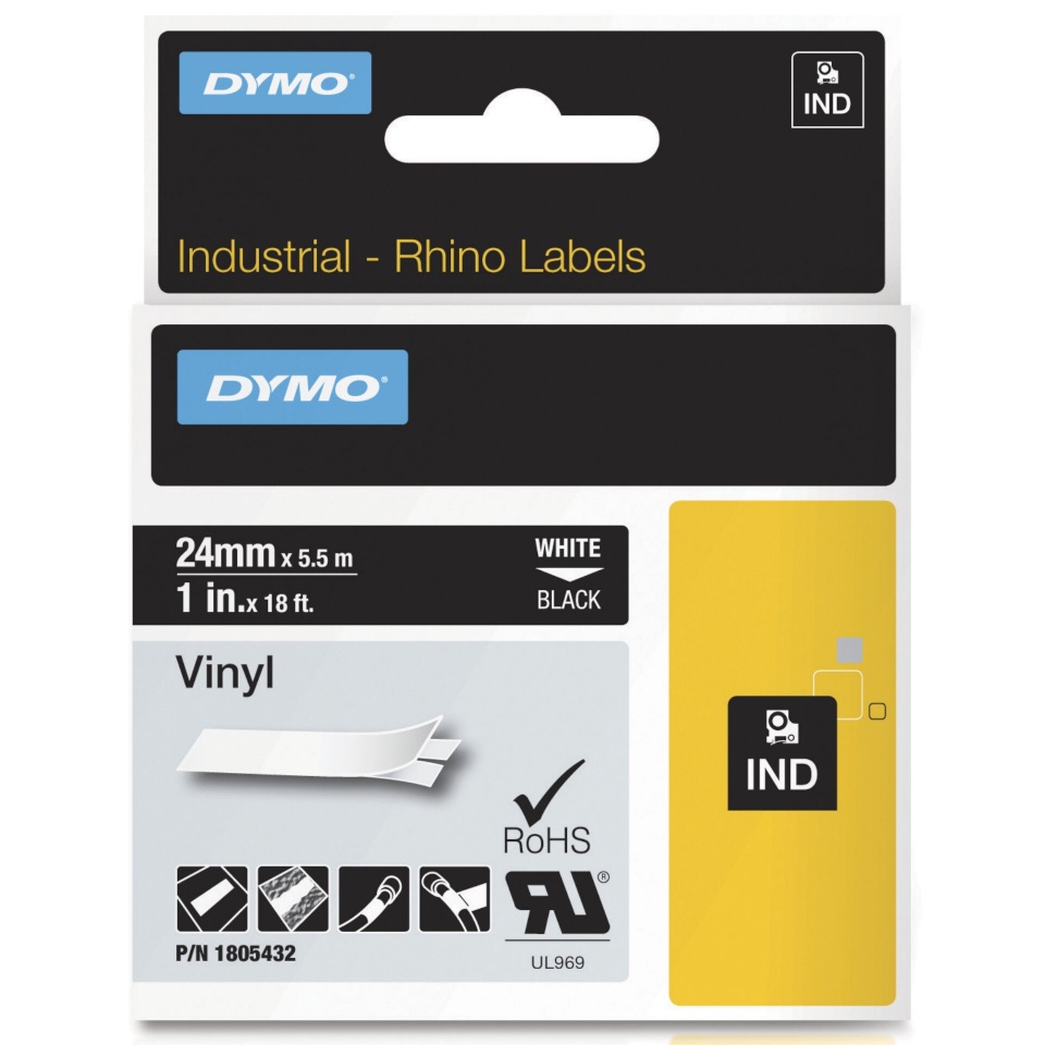 Dymo etiketiprinteri etiketid Rhino 6000+ Vinyl 24 mm x 5,5 m valge to must