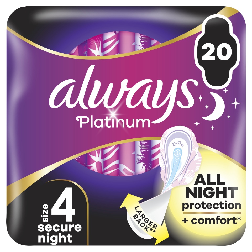 Always Platinum Secure Night Size 4 Hügieenisidemed Tiibadega, 20 tk