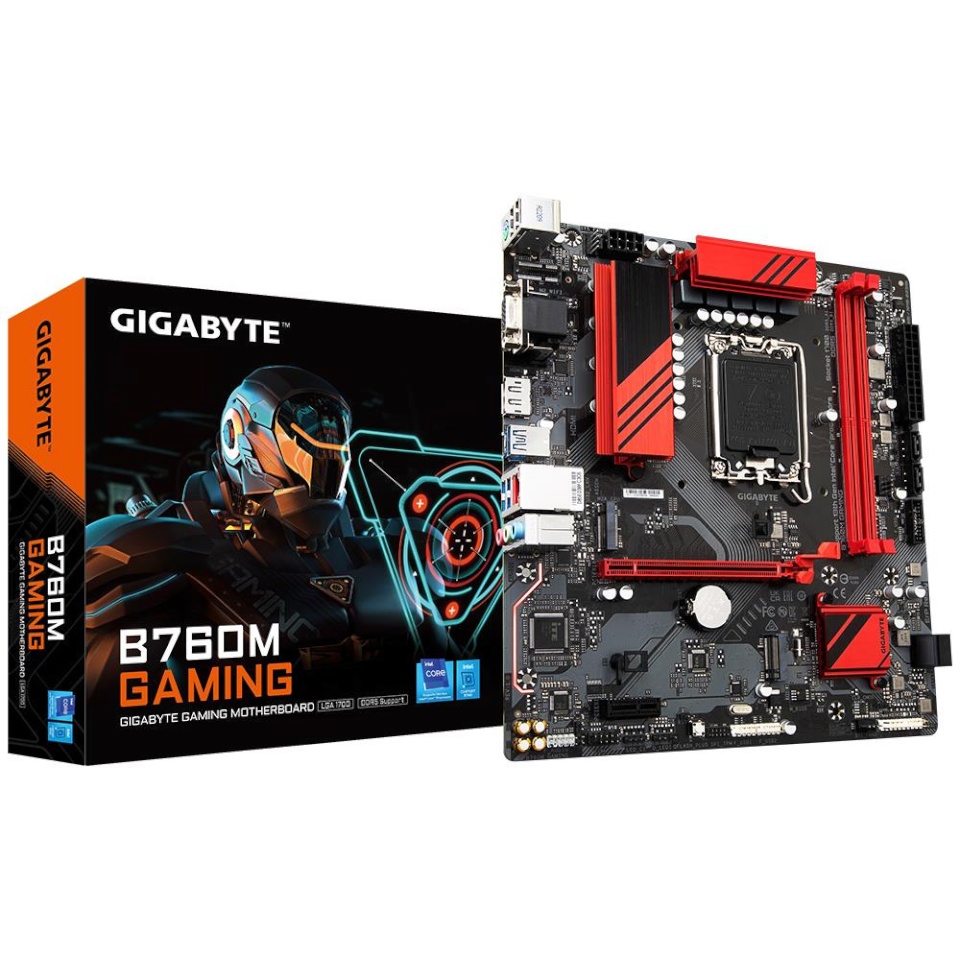 Gigabyte emaplaat intel B760 Express LGA1700 micro-ATX memory Ddr5 memory Slots 2 1xpci-express 3.0 1x 1xpci-express 4.0 16x 2xm.2 1x15pin D-sub 1xhdmi 1xdisplayport 2xusb 2.0 3xusb 3.2 1xusb-c 1xps/2 1xrj45 3xaudio Port b760mgaming