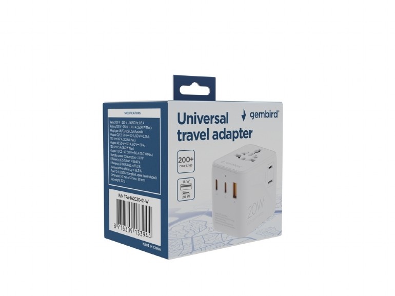 Gembird laadimisadapter TPA-1A2C20-01-W Universal travel , 20 W, valge |