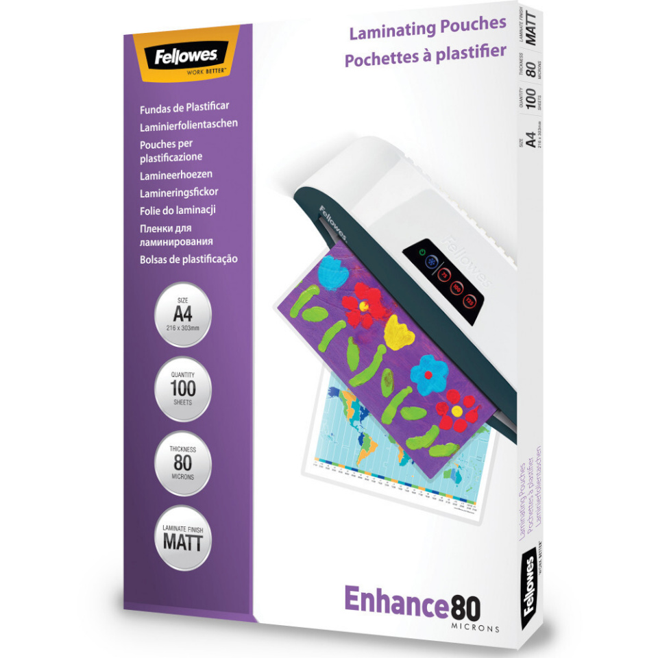 Fellowes lamineerimiskile Matt laminating pouches 80 micron A4 100-pakk
