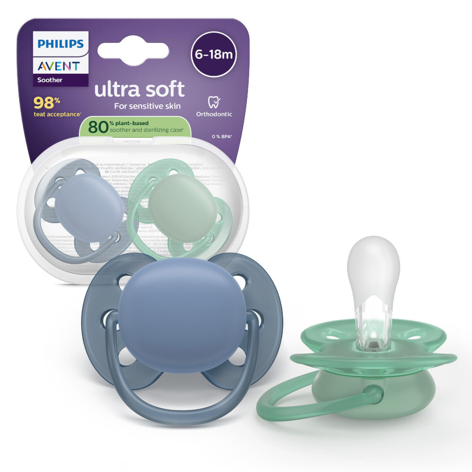 Philips Avent Ultra Soft lutt, 6–18 kuud, hall/roheline, 2 tk