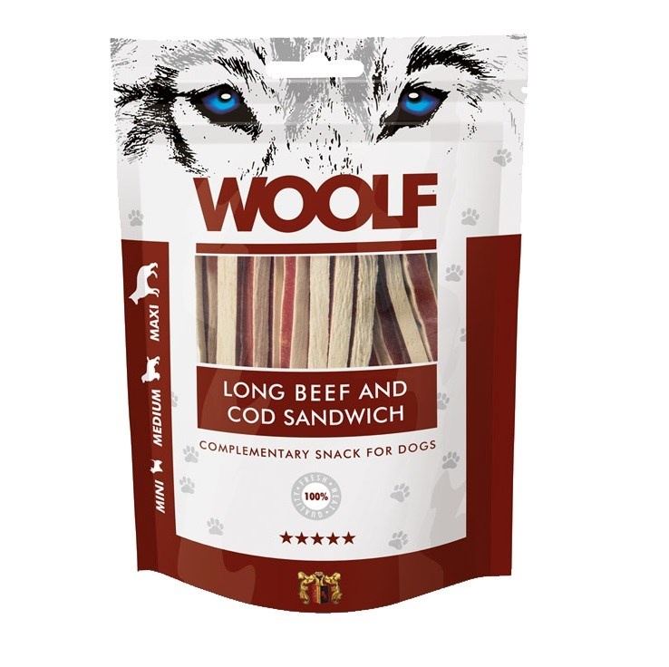 Woolf maius koerale Long Beef & Cod Sandwich Delicacy for Dog, 100g