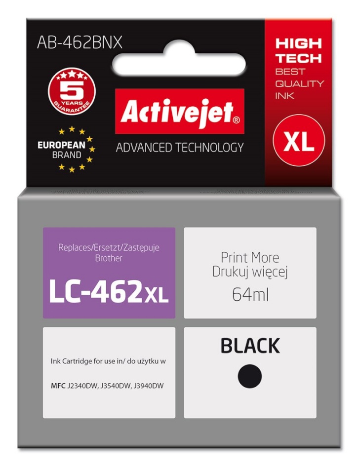 Activejet tindikassett AB-462BNX Ink for Brother Printer, Brother LC-462XLBK, Supreme, 64 ml, black.