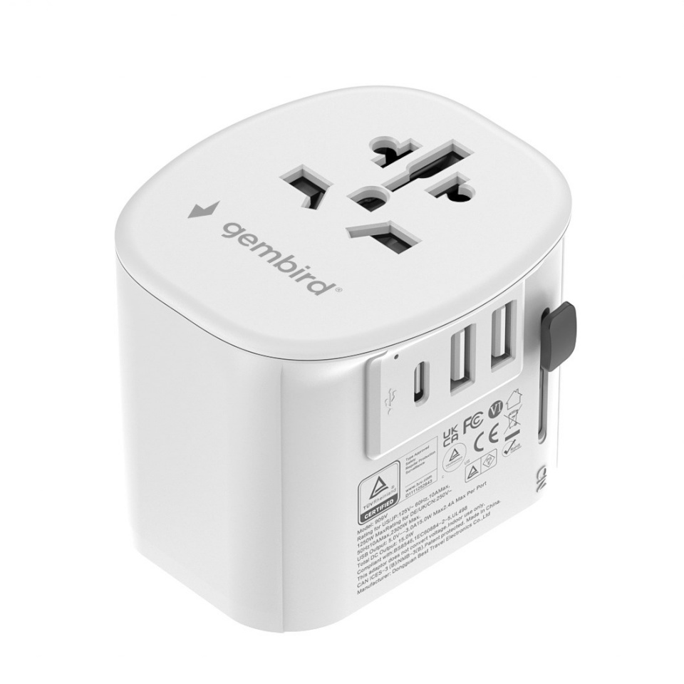GEMBIRD TPA-EU2A1C15-01-W Grounded universal travel power adapter, 15 W, valge