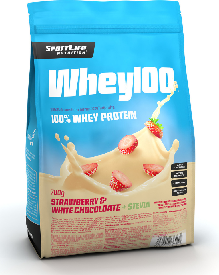 SportLife vadakuvalk Whey100 Stevia valge šokolaad-maasikas, 700g