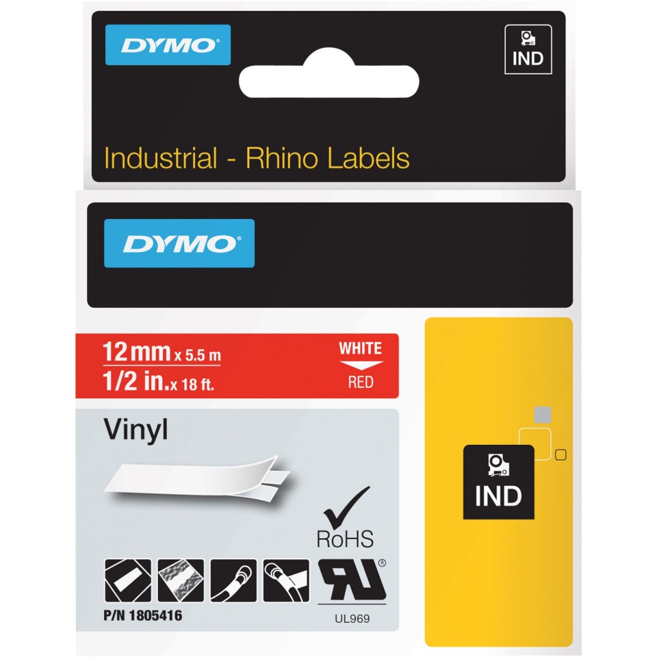 Dymo etiketiprinteri etiketid Rhino Label IND, Vinyl 12 mm x 5,5 m valge to punane