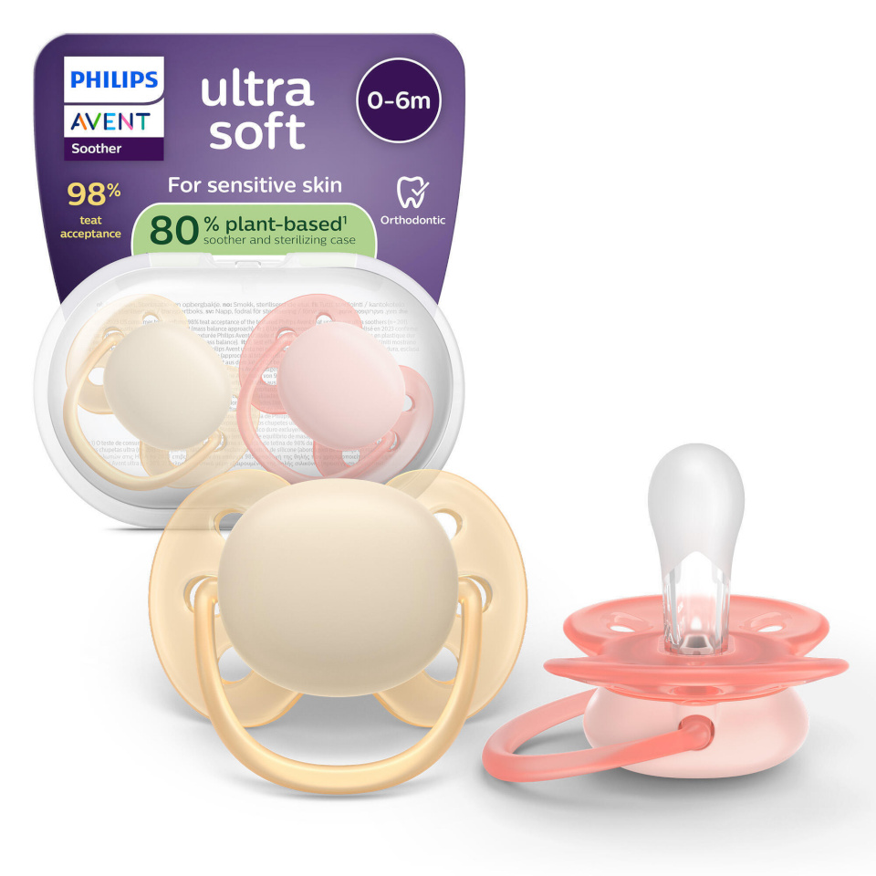 Philips Avent Ultra soft lutt, 0–6 kuud, 2 tk pakis, kollane/oranž, 80% taimsetest materjalidest