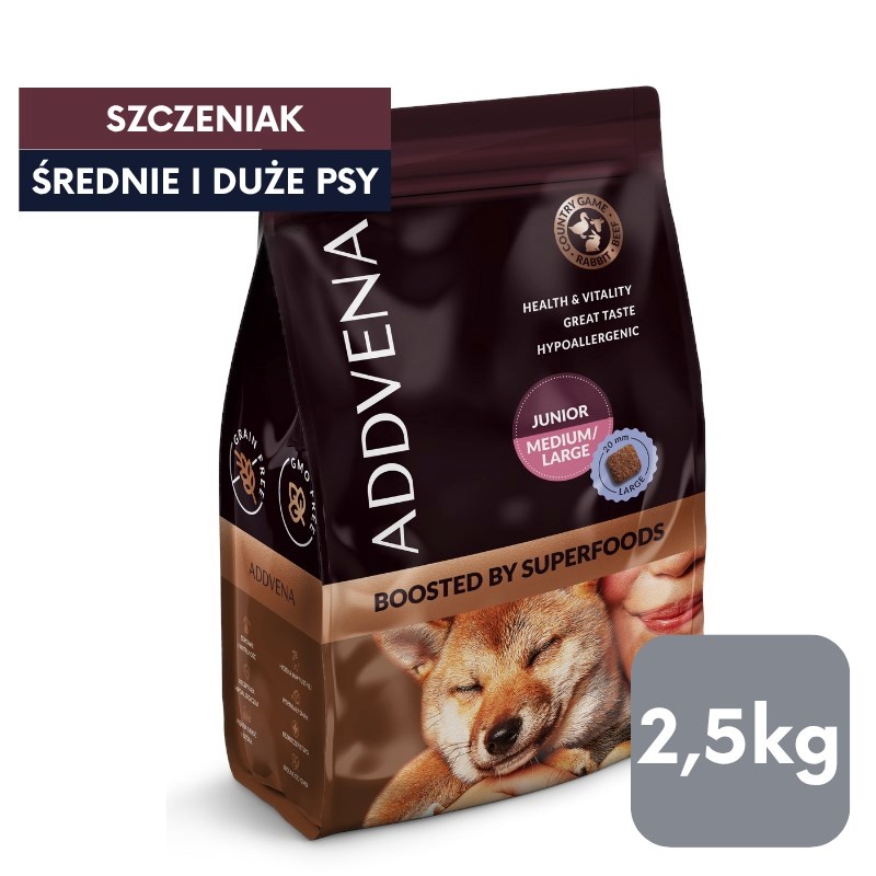 Addvena kuivtoit koerale BOOSTED BY SUPERFOODS dla szczeniąt średnich i dużych ras 2,5kg