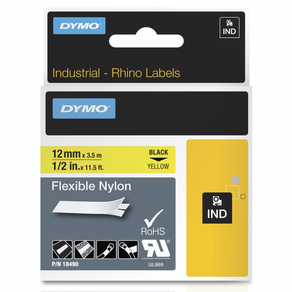 Dymo etiketiprinteri etiketid Rhino Flexible Nylon Tape 12 mm x 3,5 m must to kollane