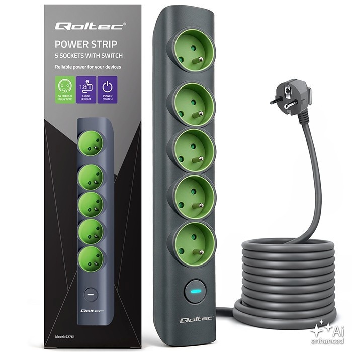 Qoltec pikendusjuhe Power strip with backlit switch 5earthed sockets