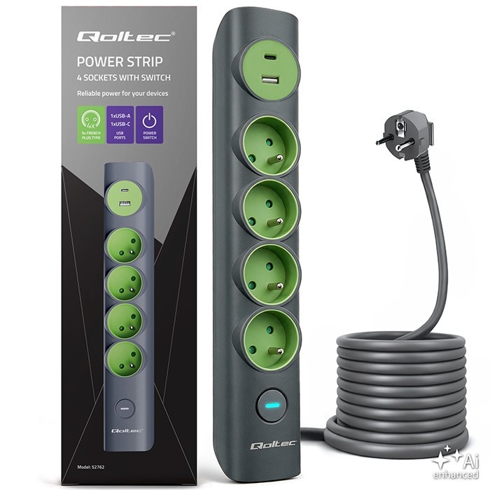 Qoltec pikendusjuhe Power strip with backlit switch 4sockets 1xUSB C