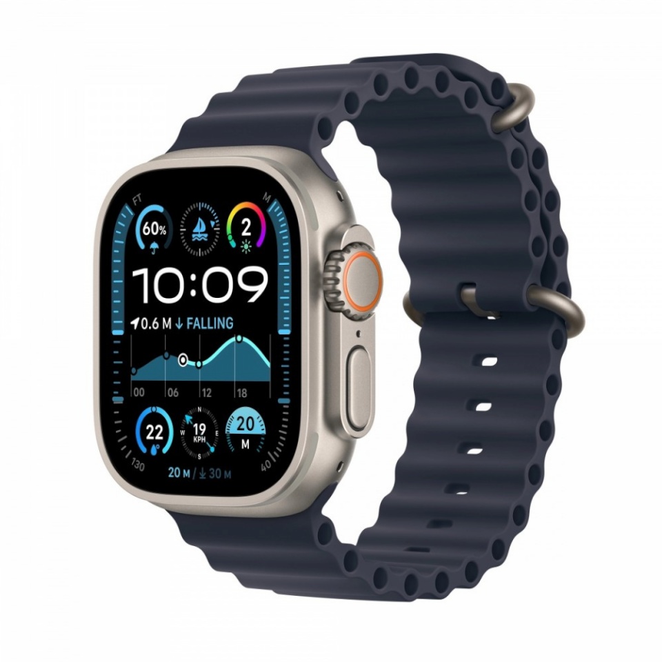Apple Watch Ultra 2 GPS + Cellular 49mm Natural Titanium Case with Navy Ocean Band, tumesinine