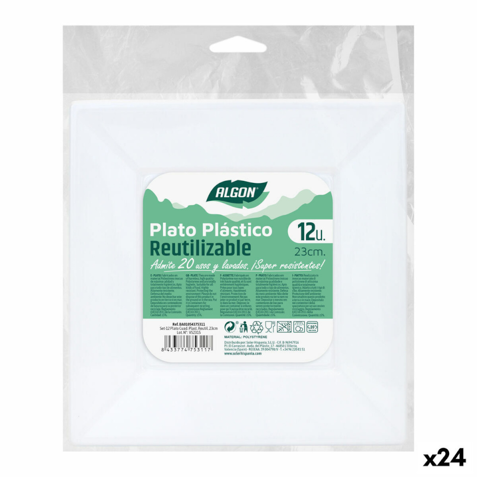 Algon Korduvkasutatavate plaatide komplekt Kandiline valge Plastmass 23x23x2cm (24tk)