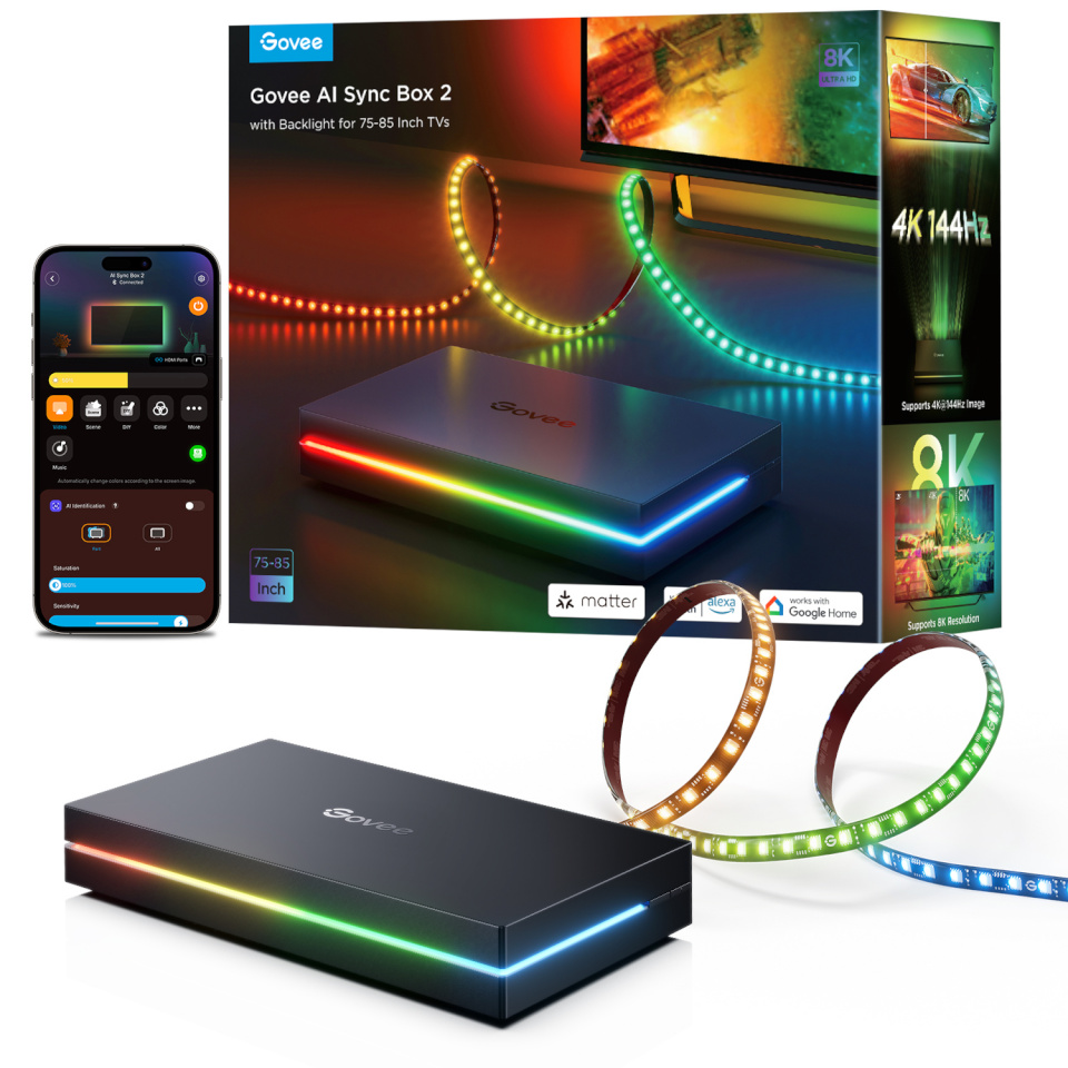 Govee teleri sünkroniseerimisseade AI Sync Box 2 TV Synchronization Device, 75-85", must