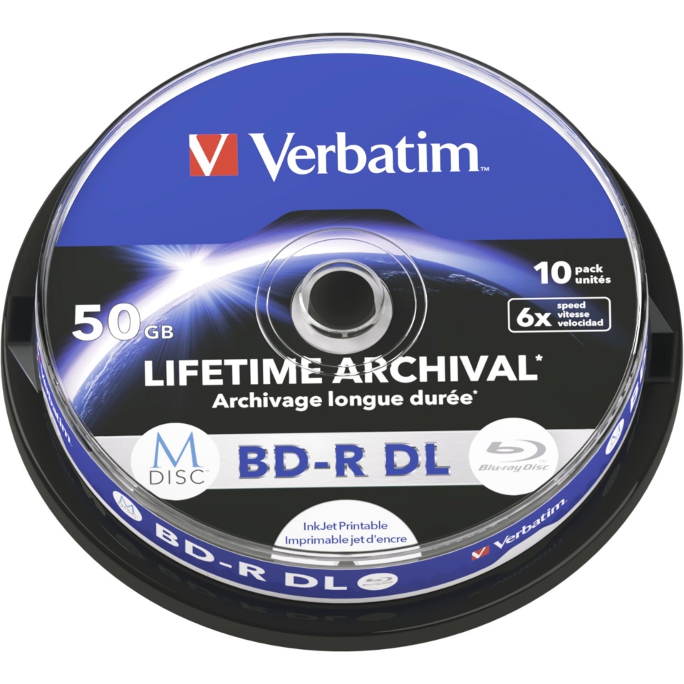 1x10 Verbatim toorikud M-Disc BD-R BluRay 50GB 6x Speed Cakebox printable