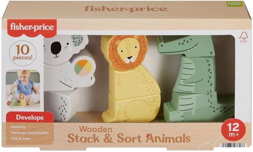 Fisher-Price puidust mänguasi Stack & Sort Wooden Stacking Animals, roheline/kollane/valge
