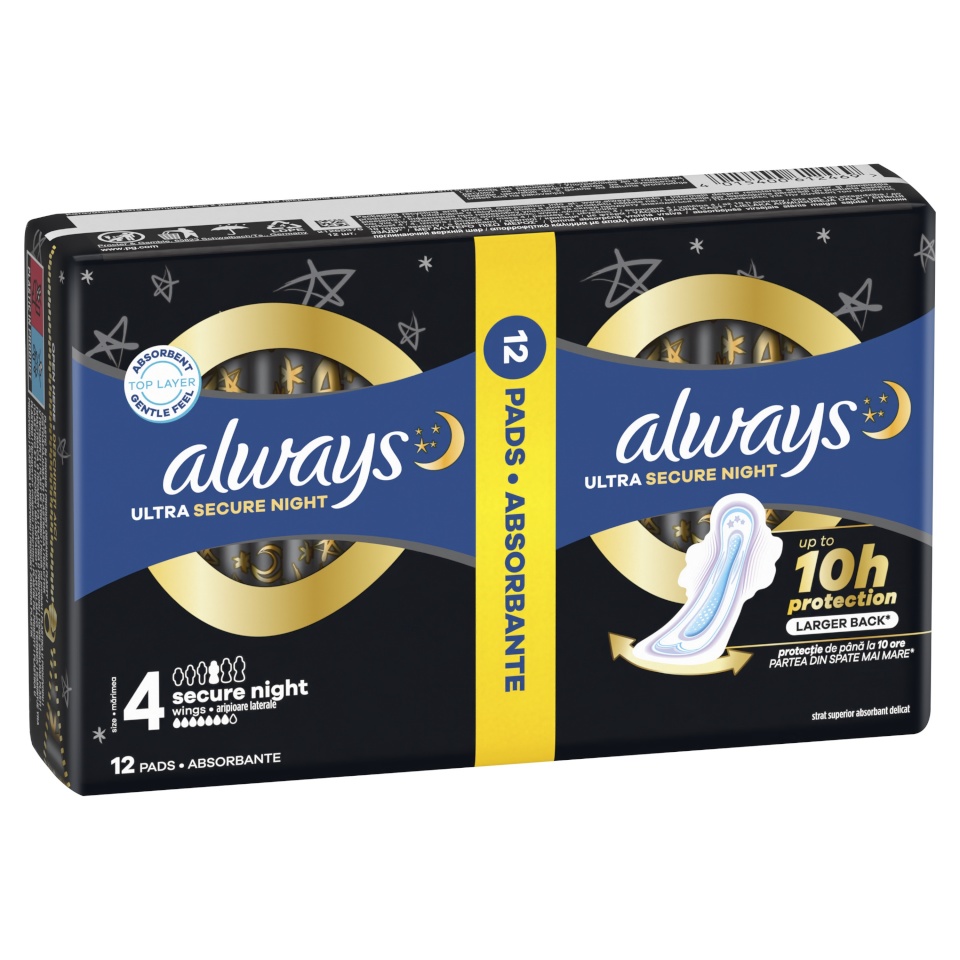 Always Ultra Secure Night Size 4 Hügieenisidemed Tiibadega, 12 tk