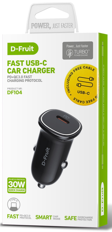 D-Fruit autolaadija 30W USB-C + USB-C kaabel DF104