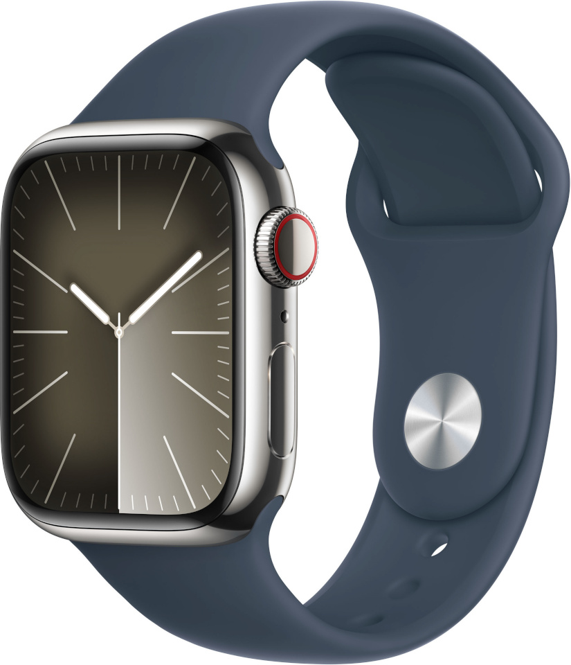 Apple Watch Series 9 GPS + Cellular 41mm Silver Stainless Steel Case with Storm Blue Sport Band, M/L