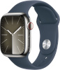 Apple Watch Series 9 GPS + Cellular 41mm Silver Stainless Steel Case with Storm Blue Sport Band, M/L