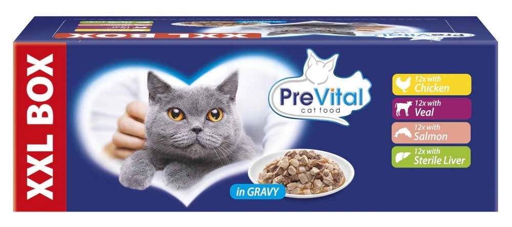 Prevital kassitoit XXL Box Flavor Mix with Chicken, Veal, Salmon and Liver in Gravy, 48x100g