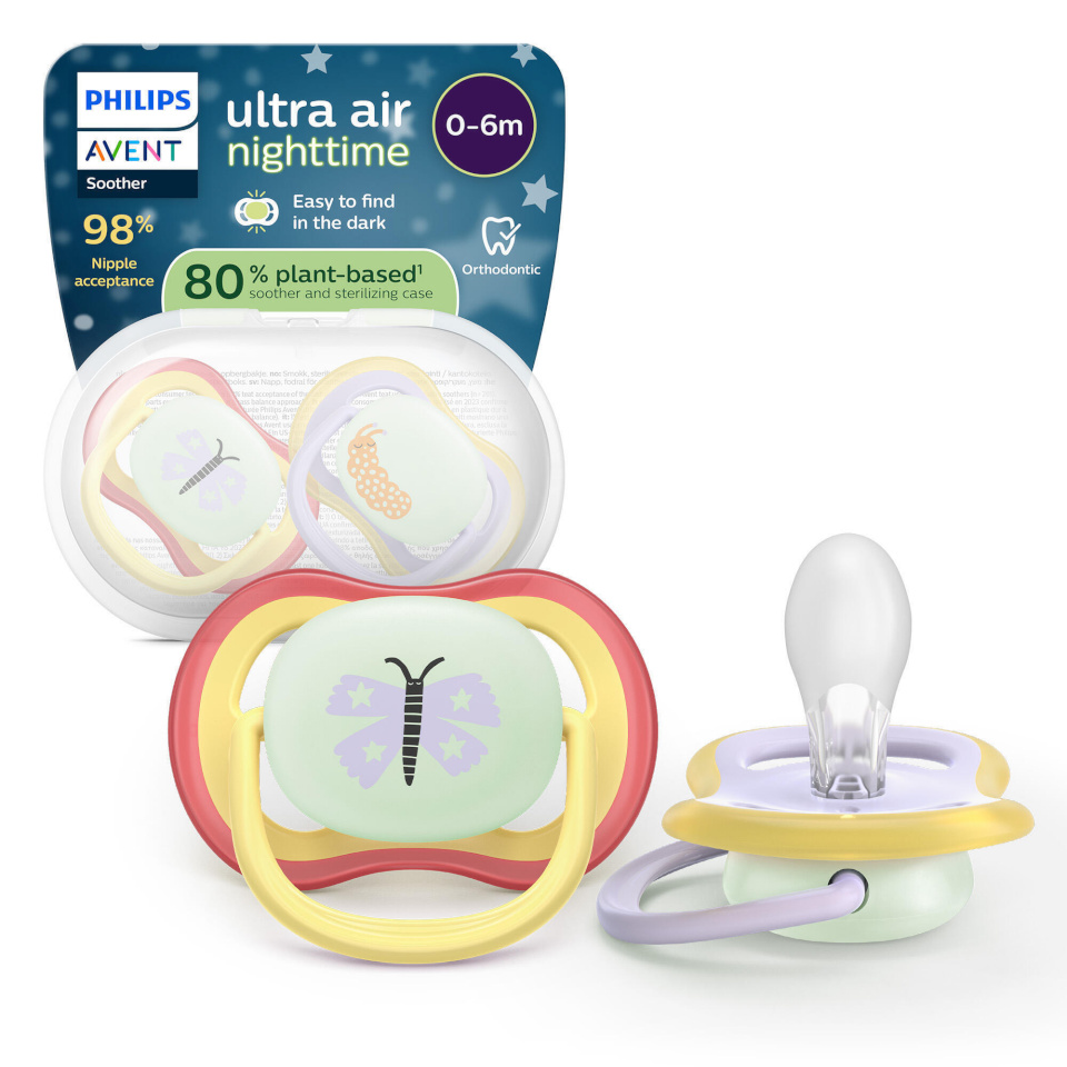 Philips Avent Ultra Air lutt, 0–6 kuud, kollane/lilla, 2 tk