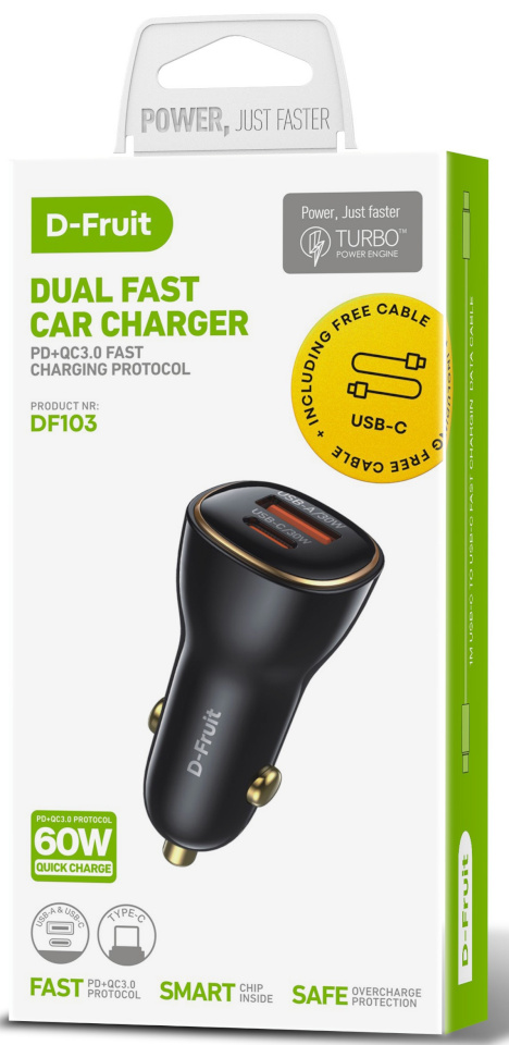 D-Fruit autolaadija 60W USB-A/USB-C DF103