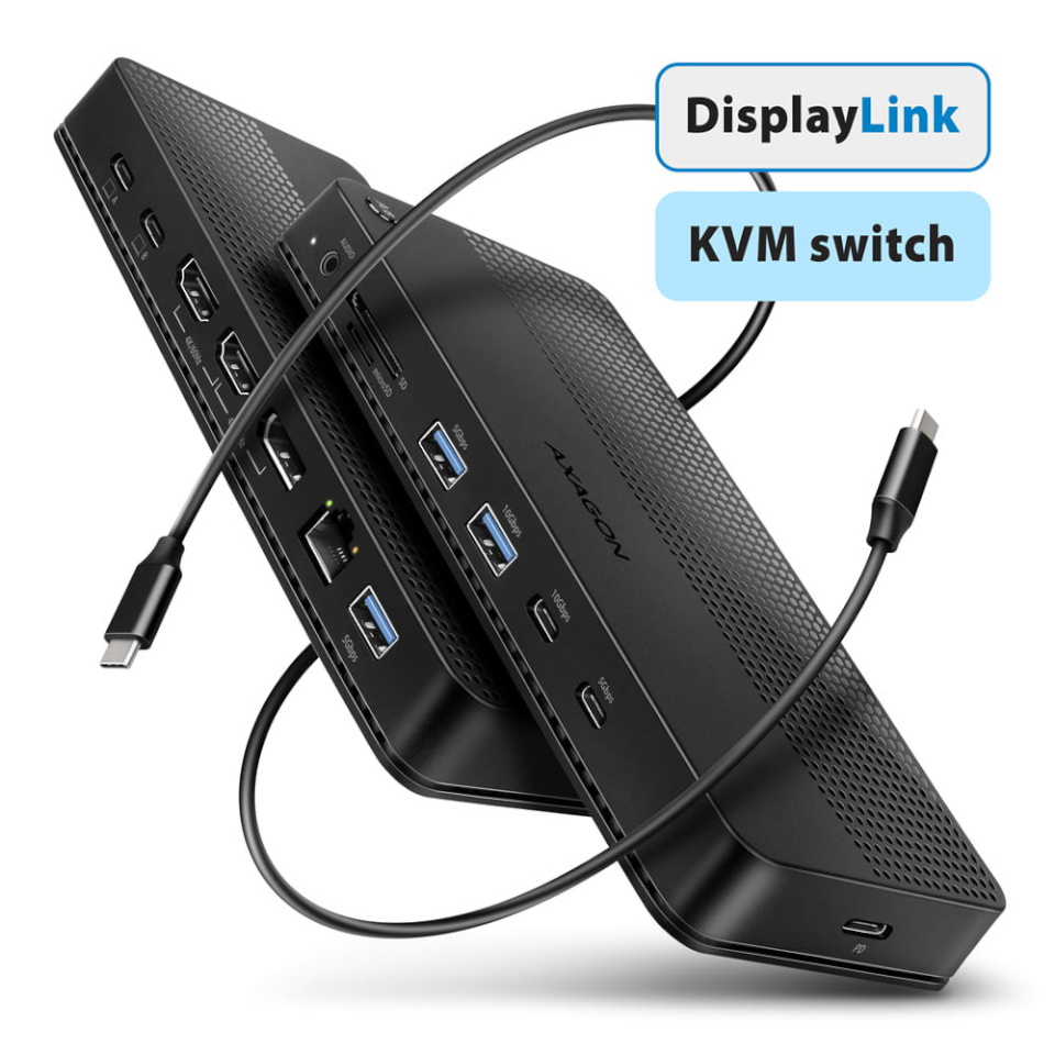 AXAGON HMC-DL-KVM USB 10Gbps hub, USB-A, USB-C, HDMI + DisplayPort, Gigabit Ethernet, PD 100W