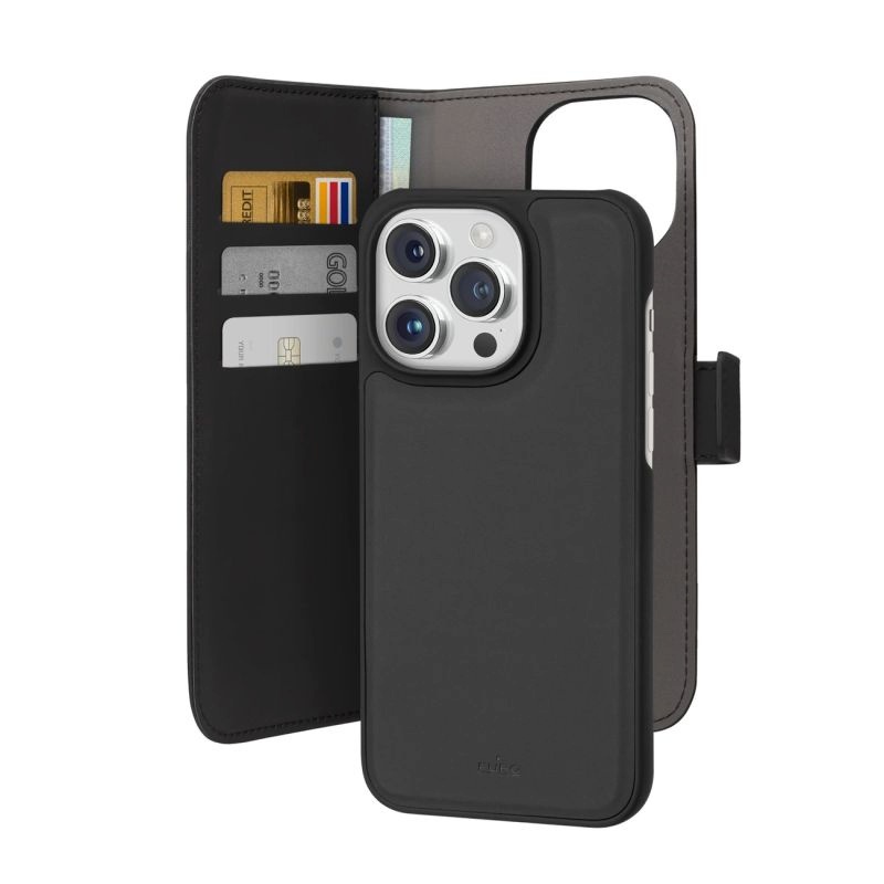 Puro Wallet Detachable MagSafe 2-in-1 PU Leather Case with Flap and Wallet for iPhone 15 Pro Max - Black